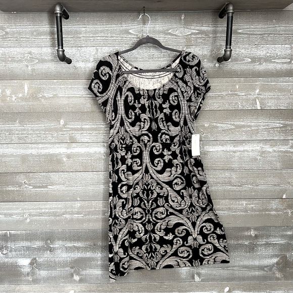 Sonoma | Black Beige Patterned Short Sleeve Midi Dress Size L - Picture 1 of 10